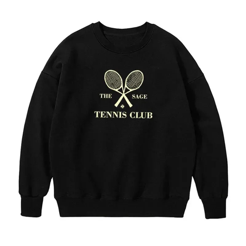 -Retro sports style outfit streetwear 90s fashion The Sage Tennis Club Letters Printing Vintage Style Black Sweatshirts Women Loose Cotton Crewneck Casual Long Sleeve Pullovers