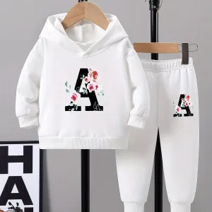 1 Set Baby Girls' Spring/Fall Casual Knit Hoodie and Pants with Floral Alphabet Applique, Long Sleeve Pullover with Slight Stretch, Loose Fit Polyester Outfit, for Outdoor