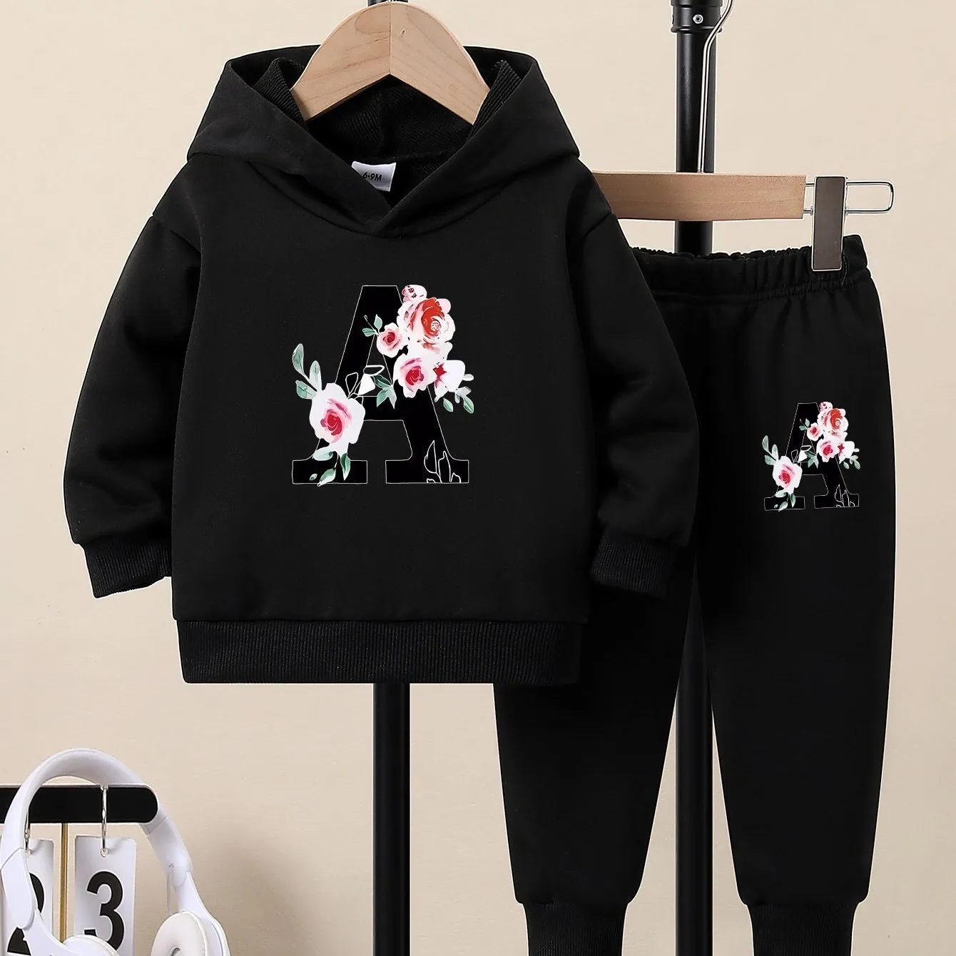 1 Set Baby Girls' Spring/Fall Casual Knit Hoodie and Pants with Floral Alphabet Applique, Long Sleeve Pullover with Slight Stretch, Loose Fit Polyester Outfit, for Outdoor