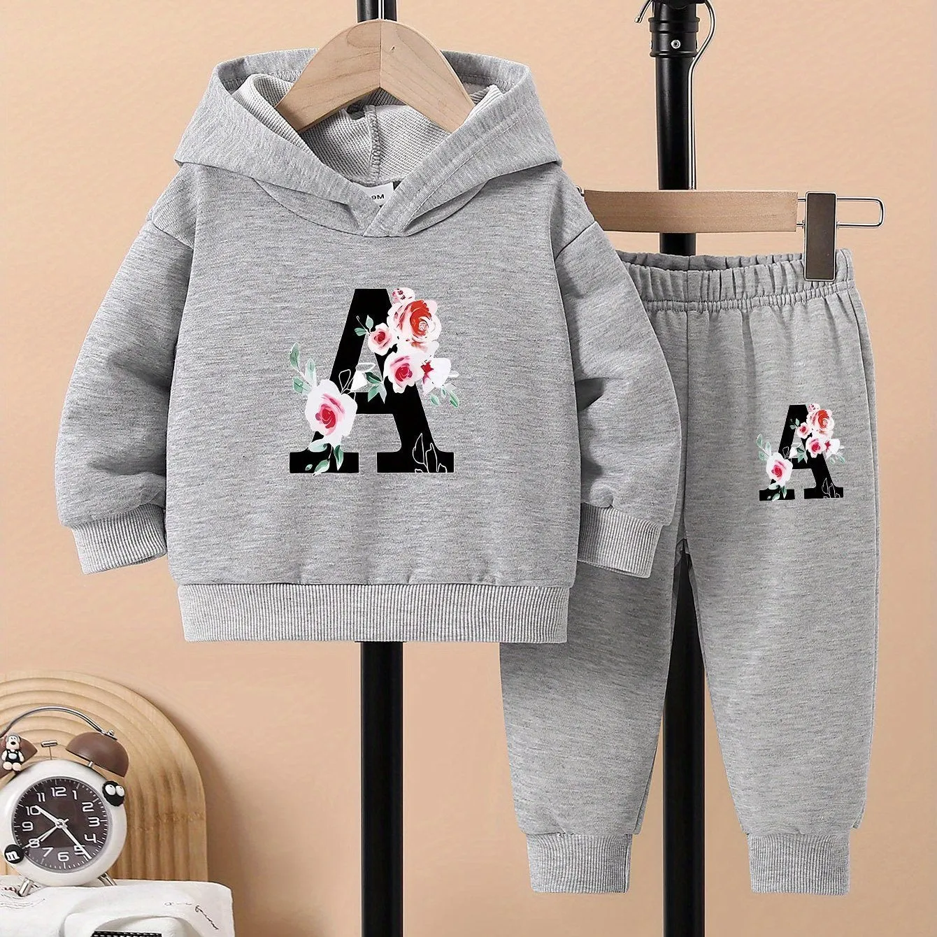 1 Set Baby Girls' Spring/Fall Casual Knit Hoodie and Pants with Floral Alphabet Applique, Long Sleeve Pullover with Slight Stretch, Loose Fit Polyester Outfit, for Outdoor
