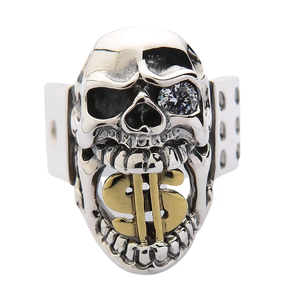 14k Yellow Gold Dollar Sign Sterling Silver Skull Ring