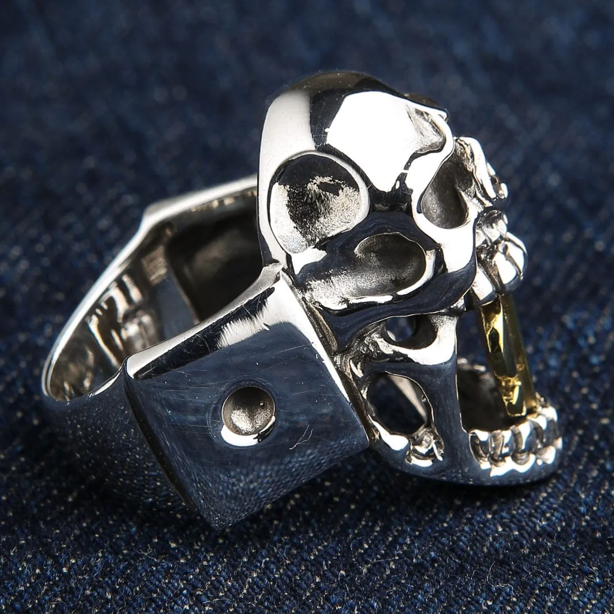14k Yellow Gold Dollar Sign Sterling Silver Skull Ring