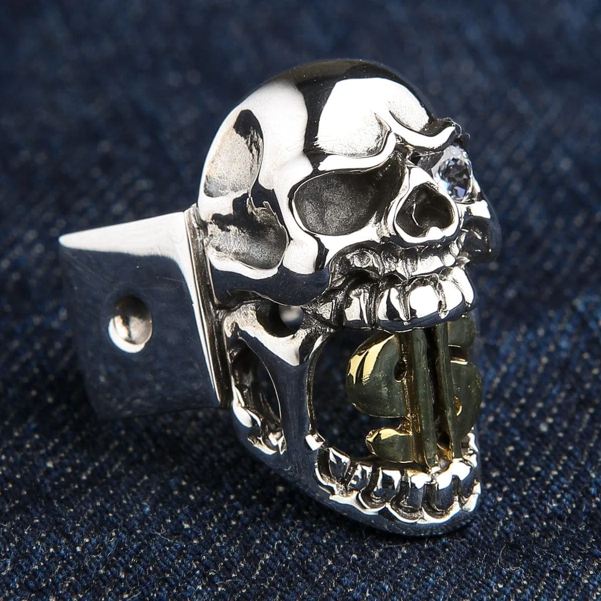 14k Yellow Gold Dollar Sign Sterling Silver Skull Ring