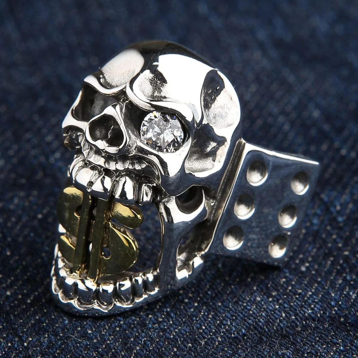 14k Yellow Gold Dollar Sign Sterling Silver Skull Ring