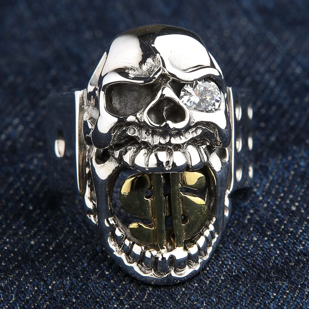 14k Yellow Gold Dollar Sign Sterling Silver Skull Ring