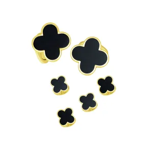 18kt Gold Four Leaf onyx Clover Cufflinks & Stud Set- Heenan Special