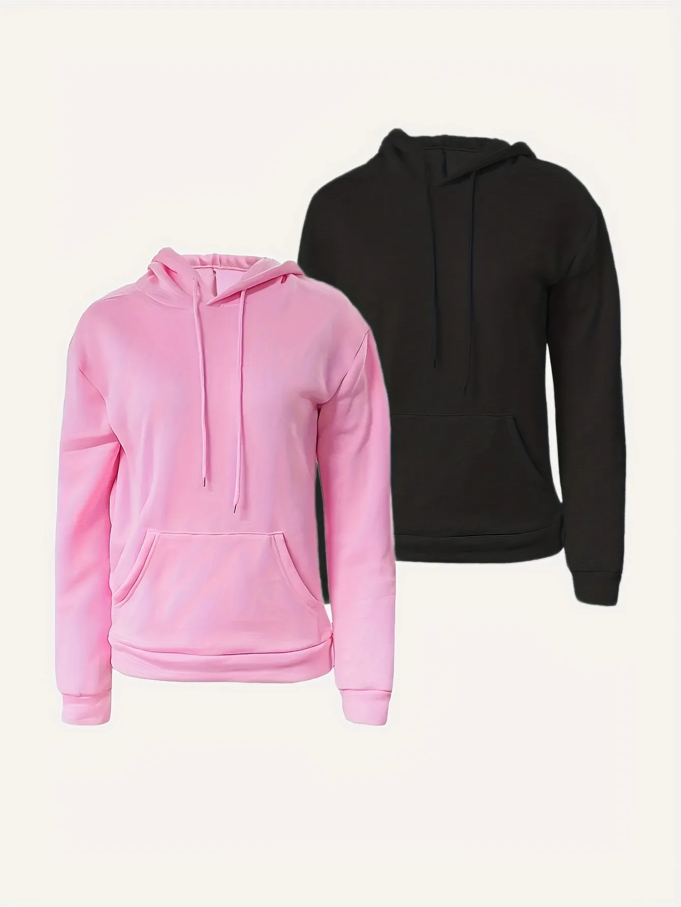 2-pack Women's Solid Drawstring Hoodies, Long Sleeve Kangaroo Pocket Sweatshirt for Fall & Winter