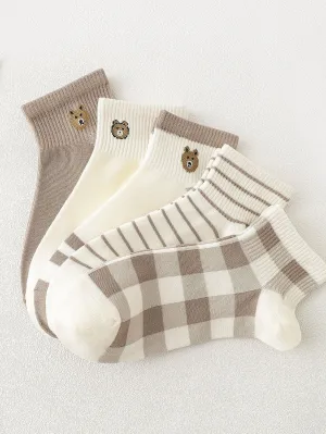 5pairs Plaid Print Ankle Socks - Coffee Brown