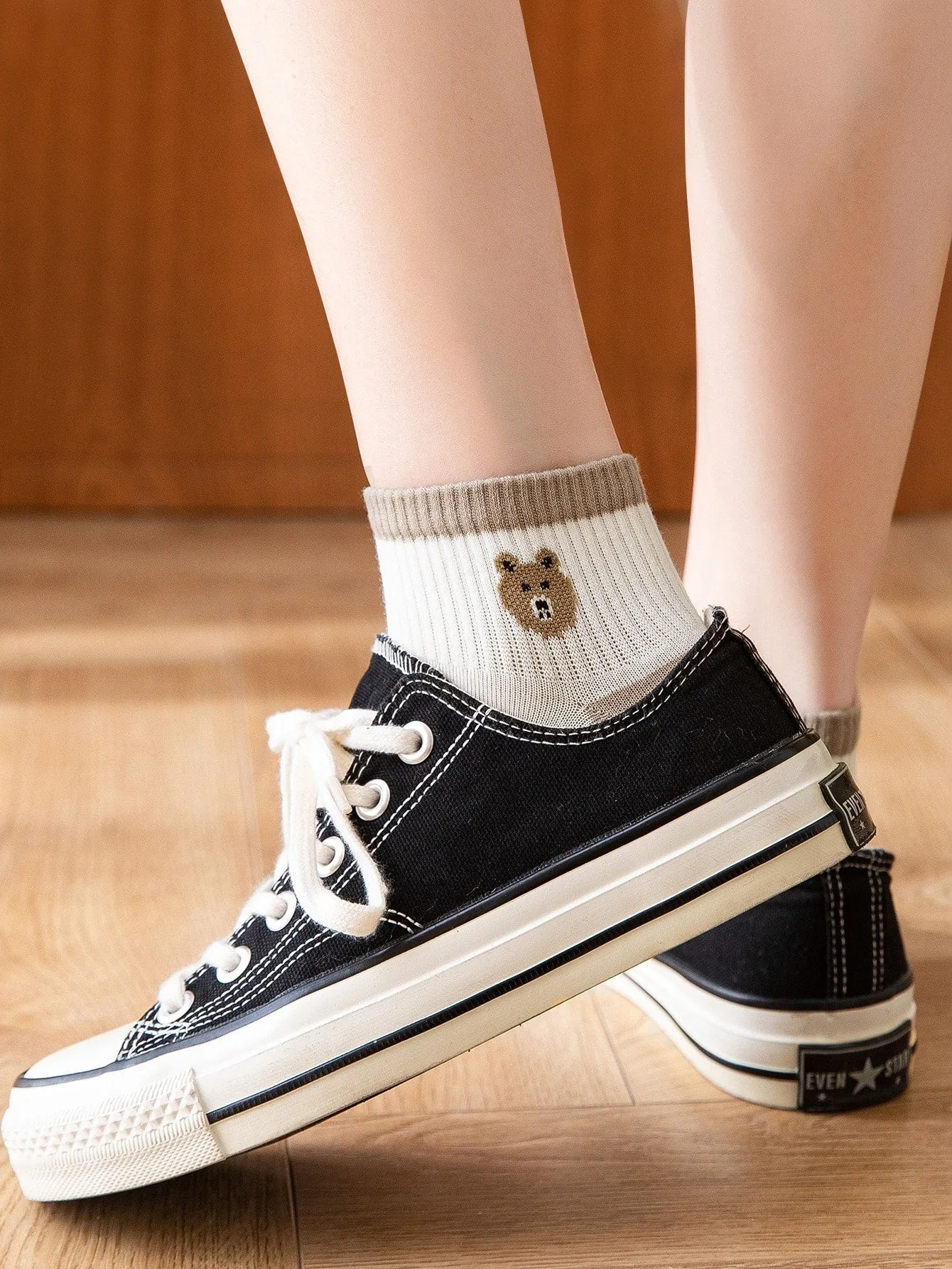 5pairs Plaid Print Ankle Socks - Coffee Brown