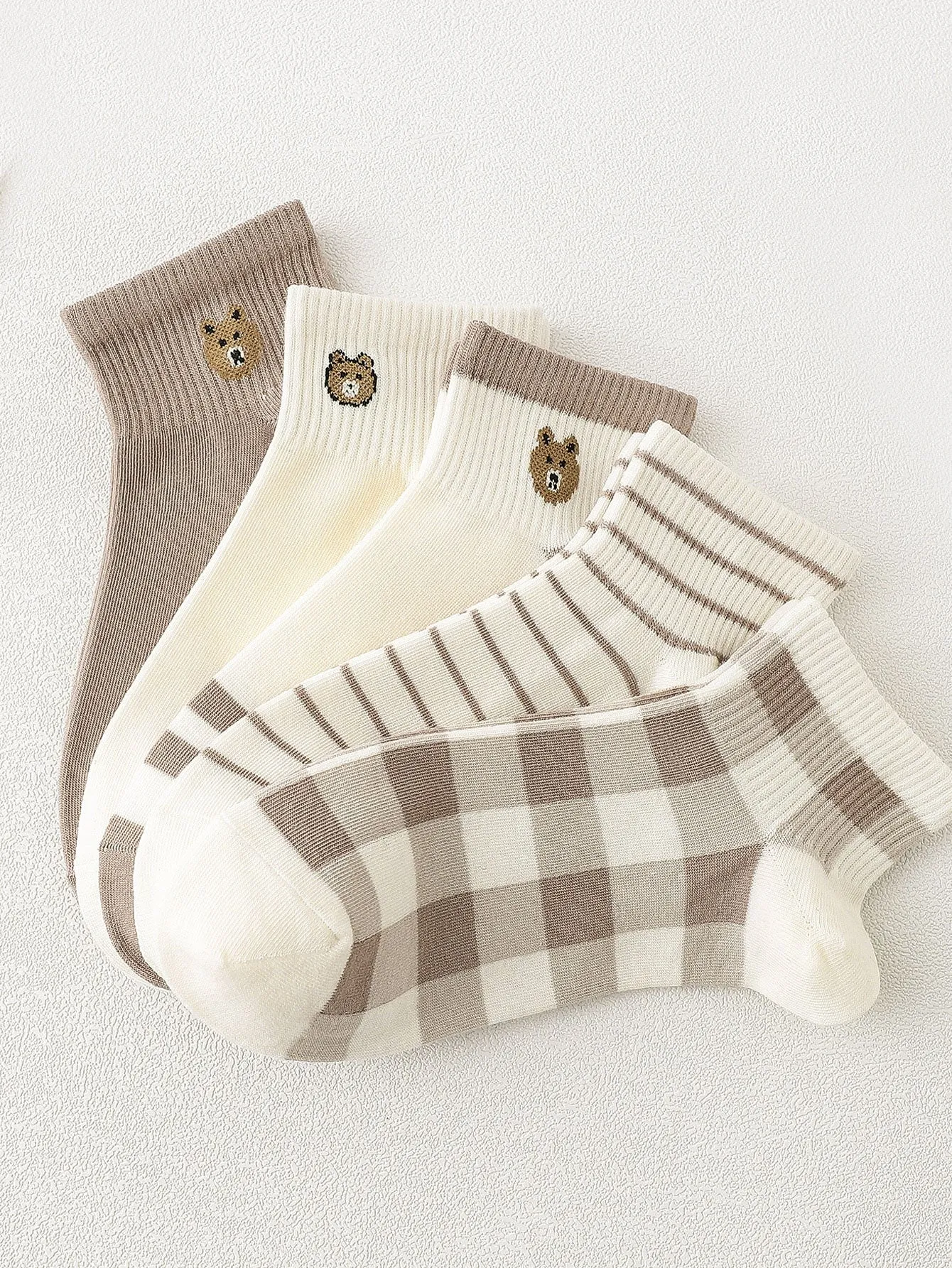 5pairs Plaid Print Ankle Socks - Coffee Brown