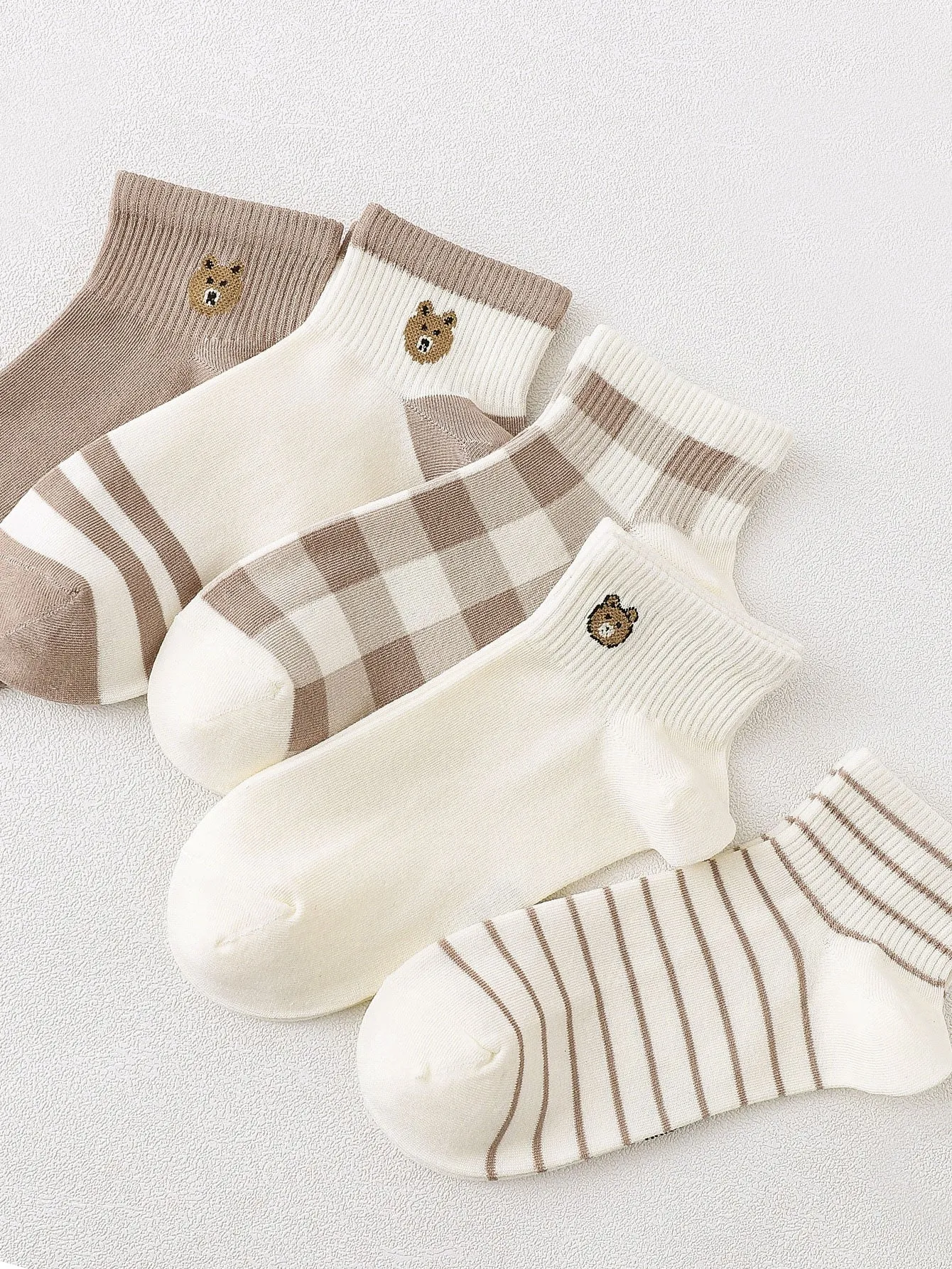 5pairs Plaid Print Ankle Socks - Coffee Brown