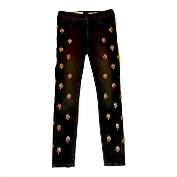 Anthropologie Pilcro Black Script Rhinestone Beaded Embellished Jeans 26 P Short