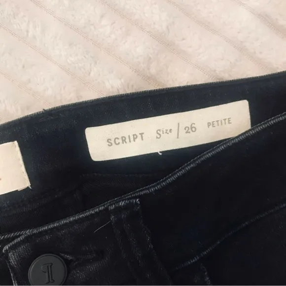 Anthropologie Pilcro Black Script Rhinestone Beaded Embellished Jeans 26 P Short