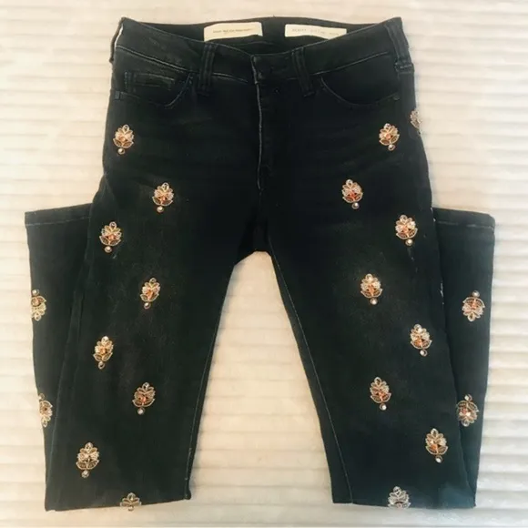 Anthropologie Pilcro Black Script Rhinestone Beaded Embellished Jeans 26 P Short
