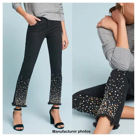 Anthropologie Pilcro Mid-Rise Slim Straight Embellished Jeans
