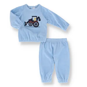 Baby Boys Long Sleeve Digger Embroidered Velour Set - Light Blue