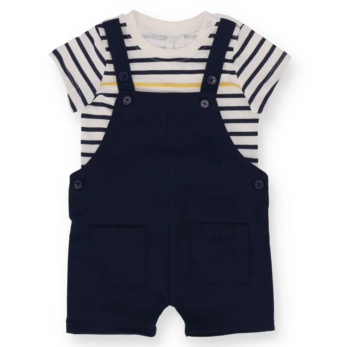 Baby Boys Striped Tee Twill Dungaree - Navy