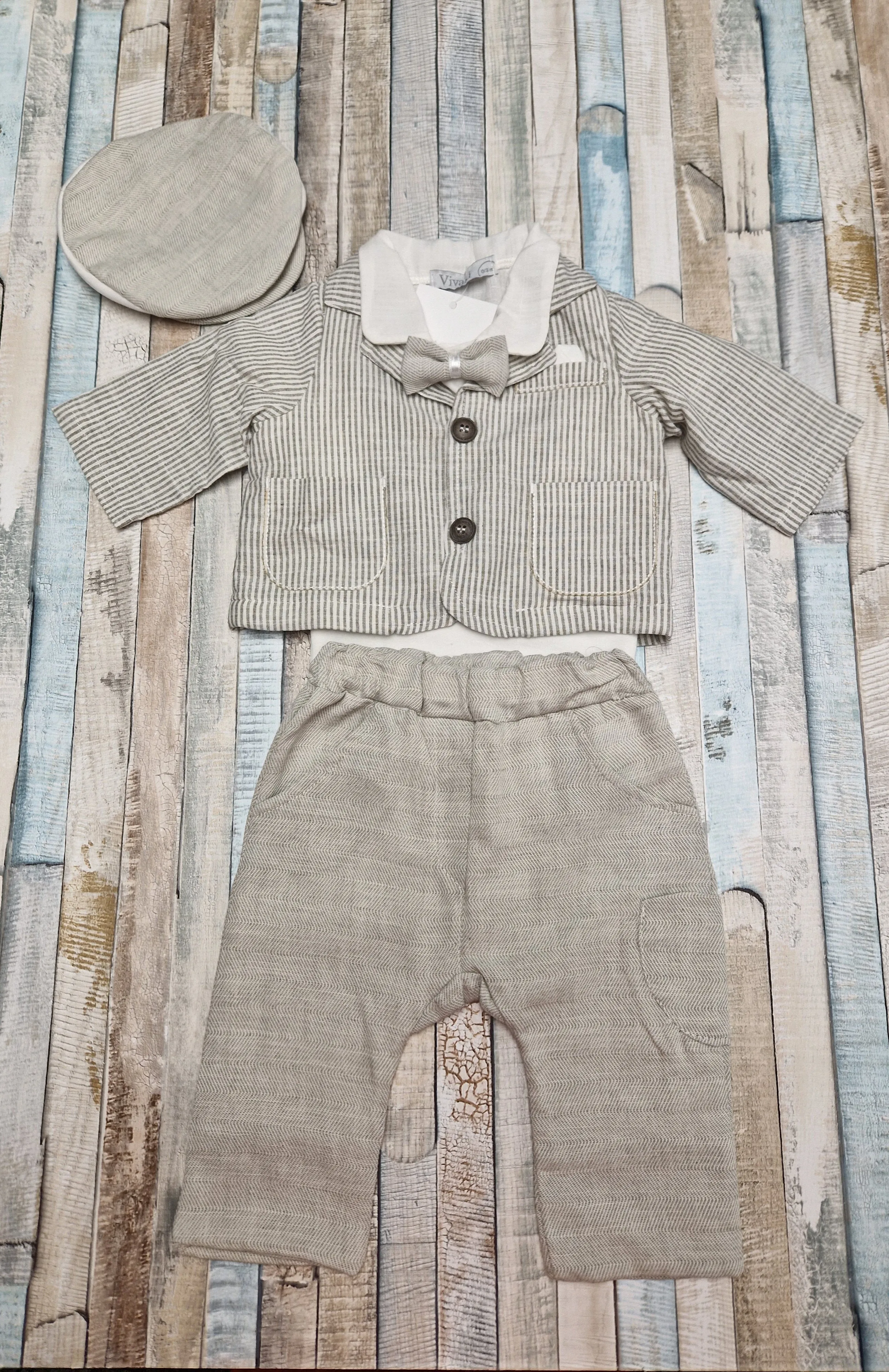Baby Boys Vivaki Beige And Cream Striped Set With Cap