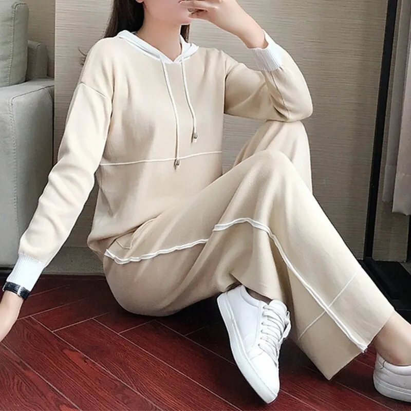 Beige Contrast Striped Hoodie Co-Ord Set