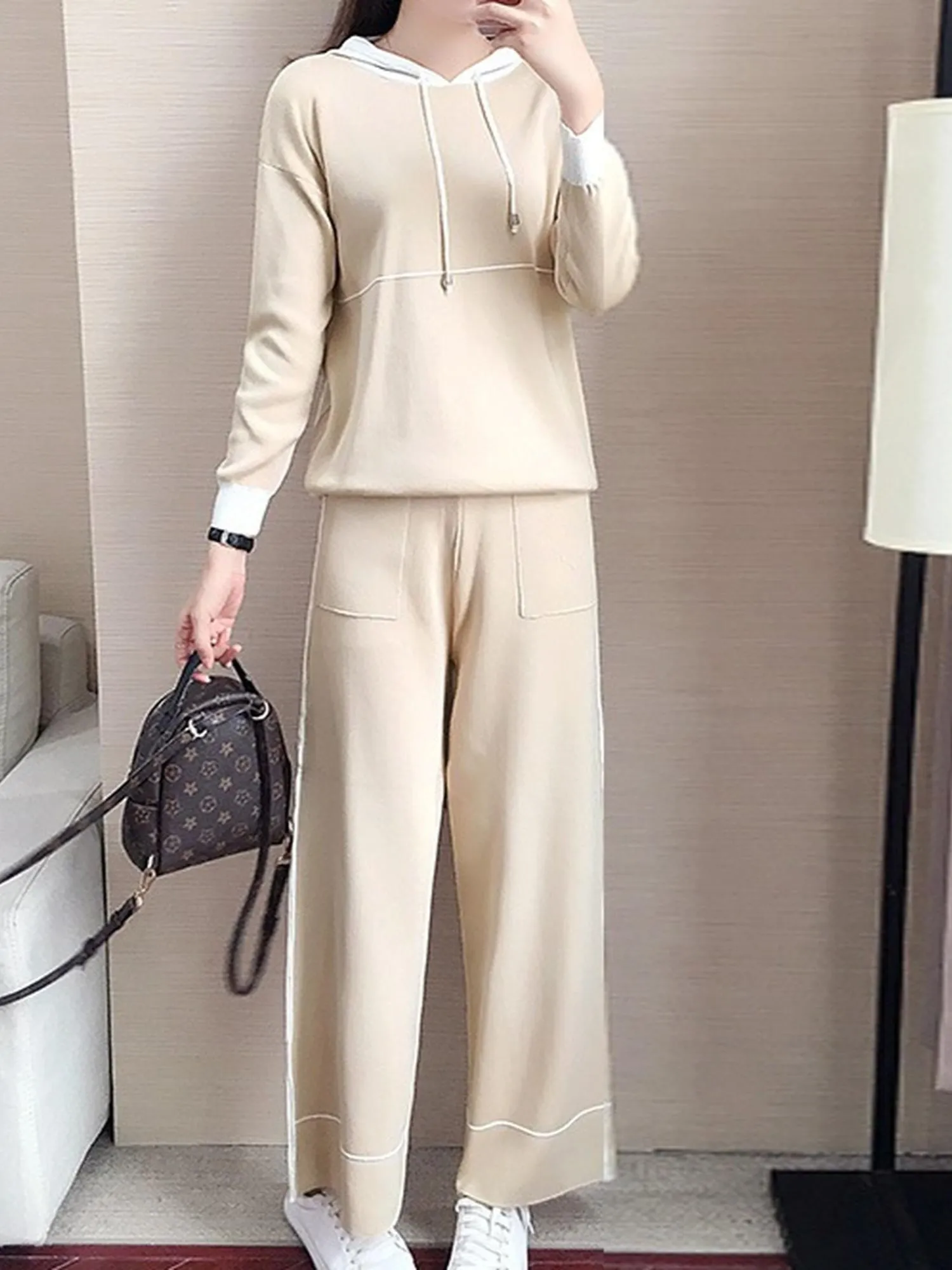 Beige Contrast Striped Hoodie Co-Ord Set