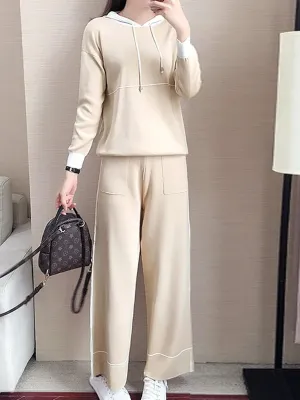Beige Contrast Striped Hoodie Co-Ord Set