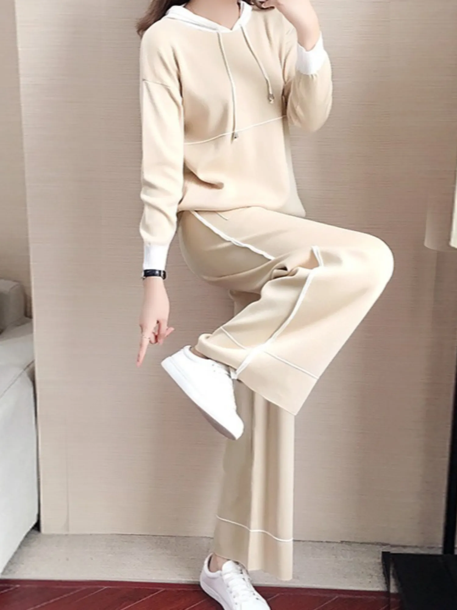 Beige Contrast Striped Hoodie Co-Ord Set