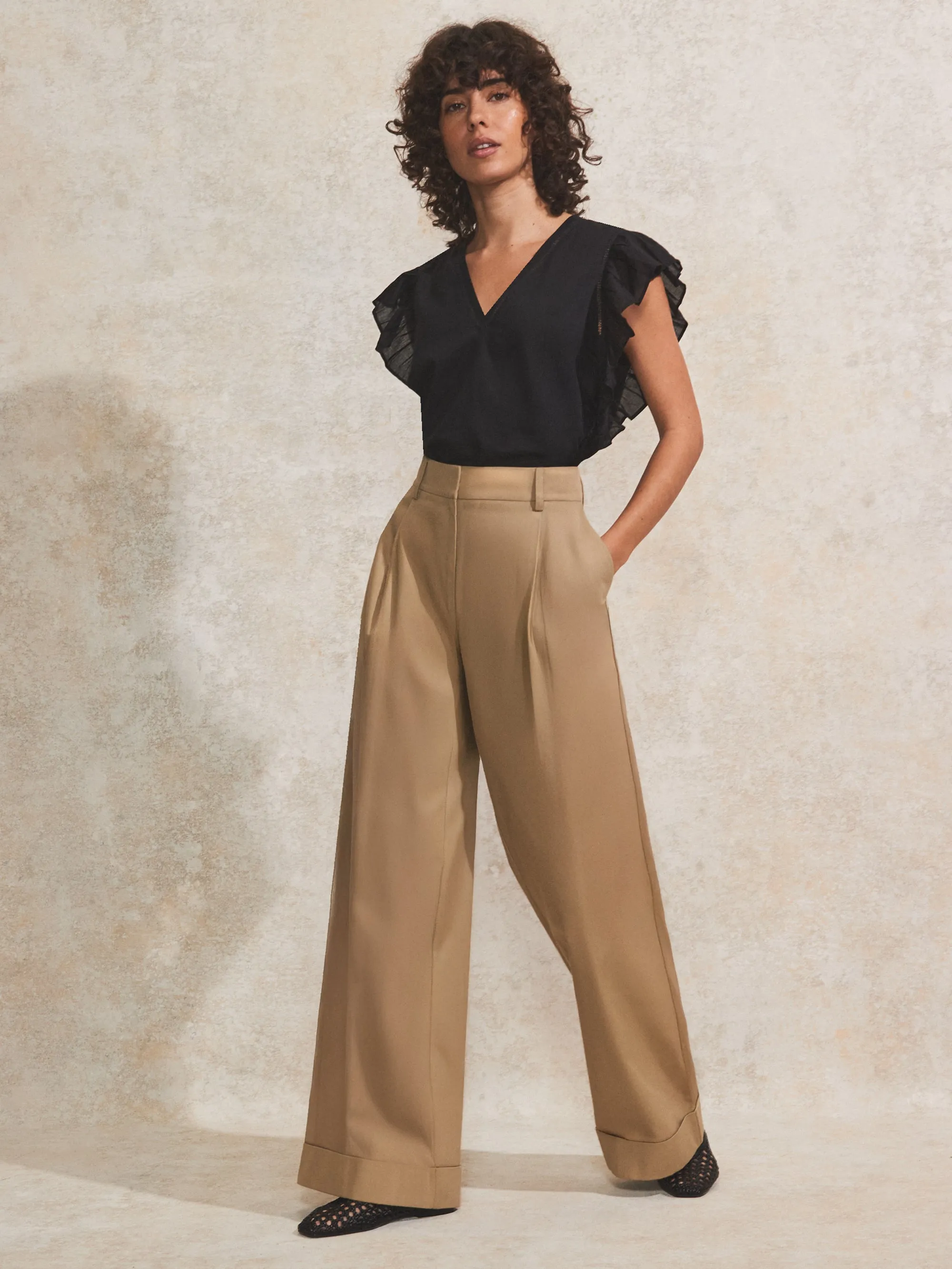 Beige High-Waist Turn-Up Cotton Trousers