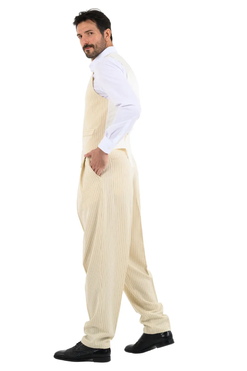 Beige Pinstriped Tango Pants With Inverted Box Pleat