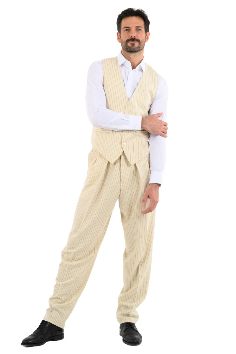 Beige Pinstriped Tango Pants With Inverted Box Pleat