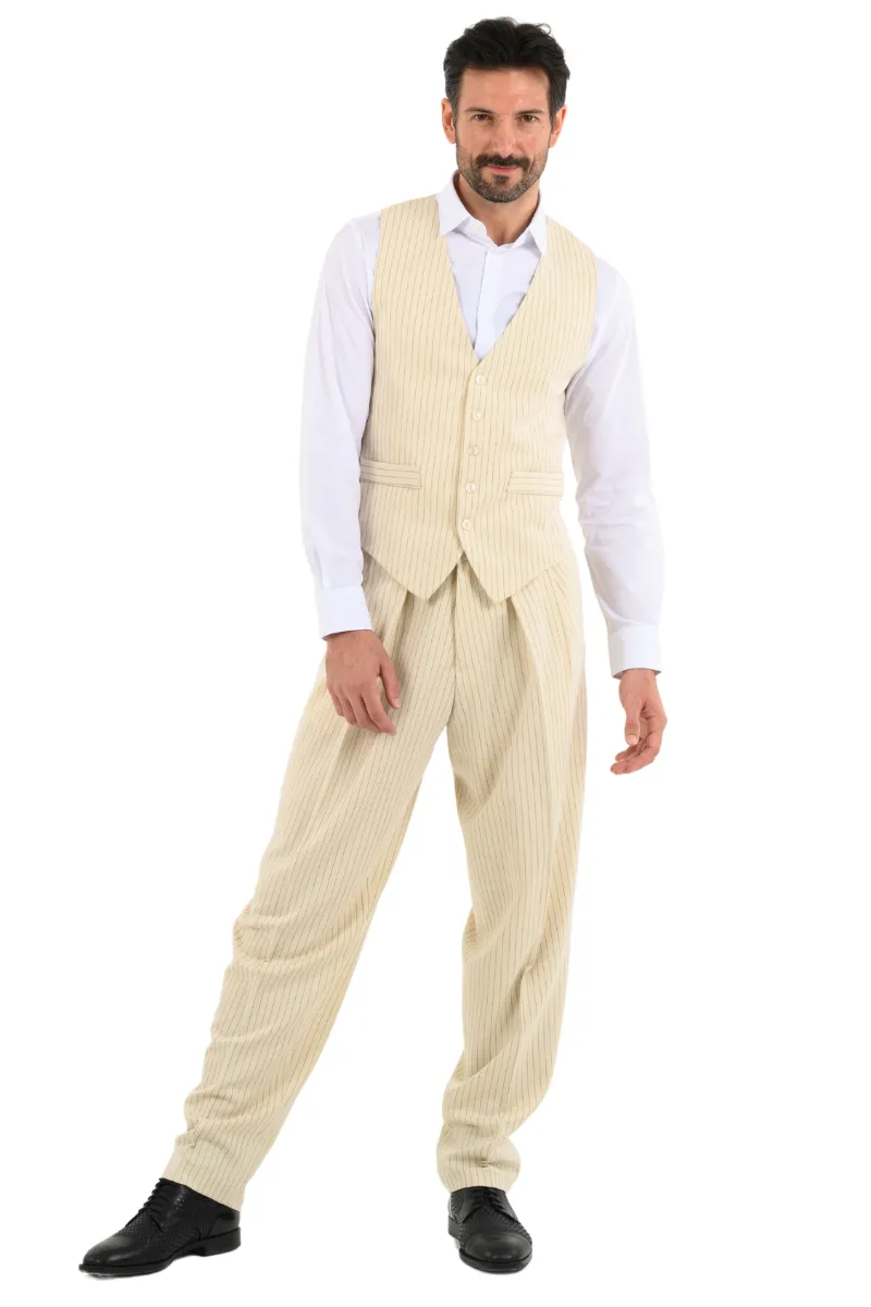 Beige Pinstriped Tango Pants With Inverted Box Pleat