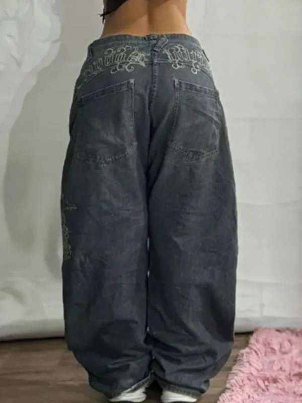 Black American Retro High Street Boyfriend Wide Leg Jeans 
