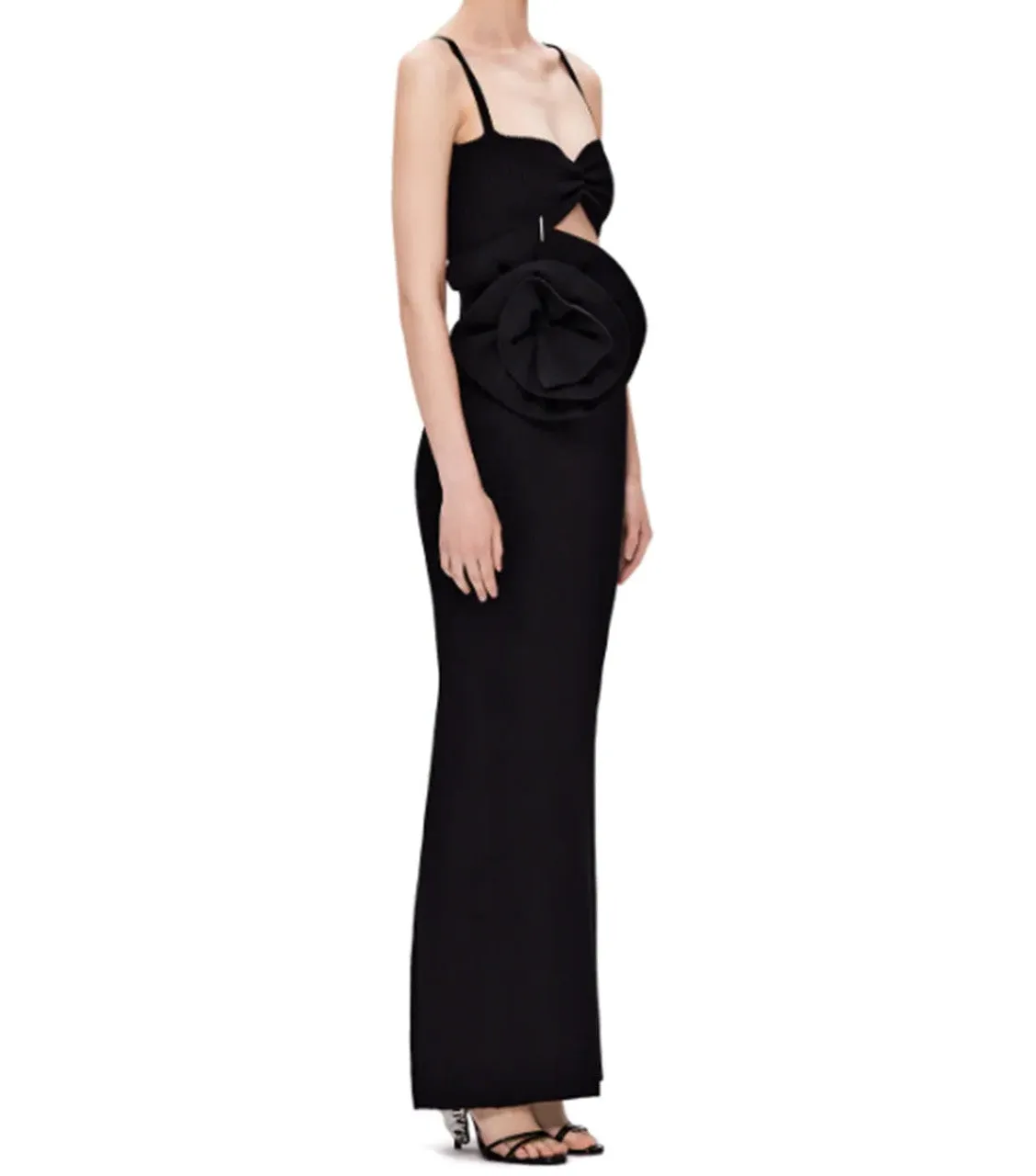 BLACK KNIT SUIT STRIPE TOP SKIRT WITH SLIT FLOWER