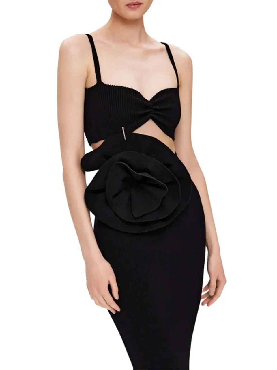BLACK KNIT SUIT STRIPE TOP SKIRT WITH SLIT FLOWER