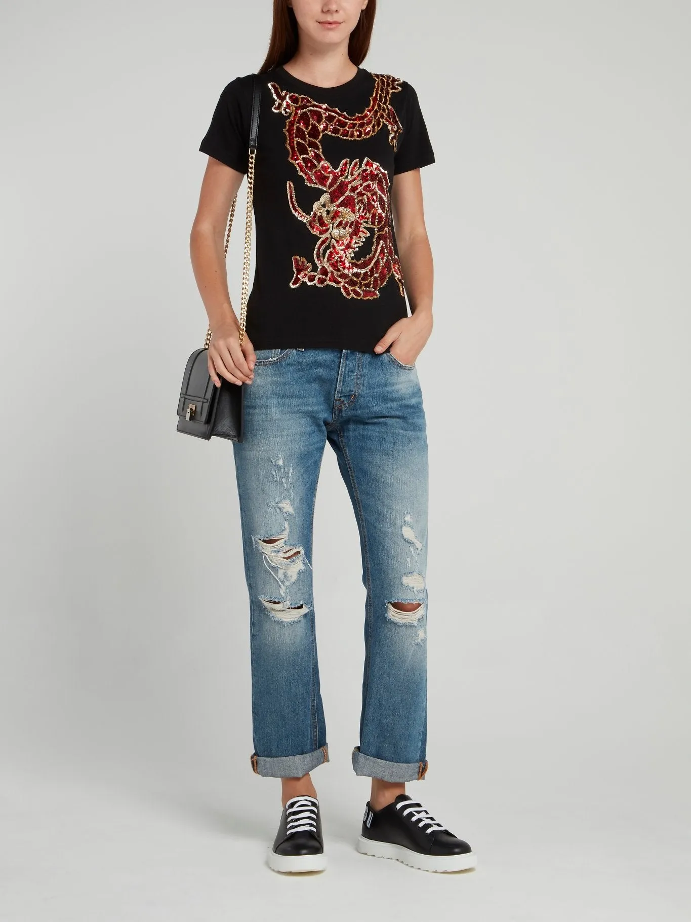 Black Sequin Embellished Dragon T-Shirt