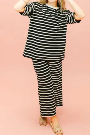 Black/Cream Scalloped Striped Oversized Top T3845