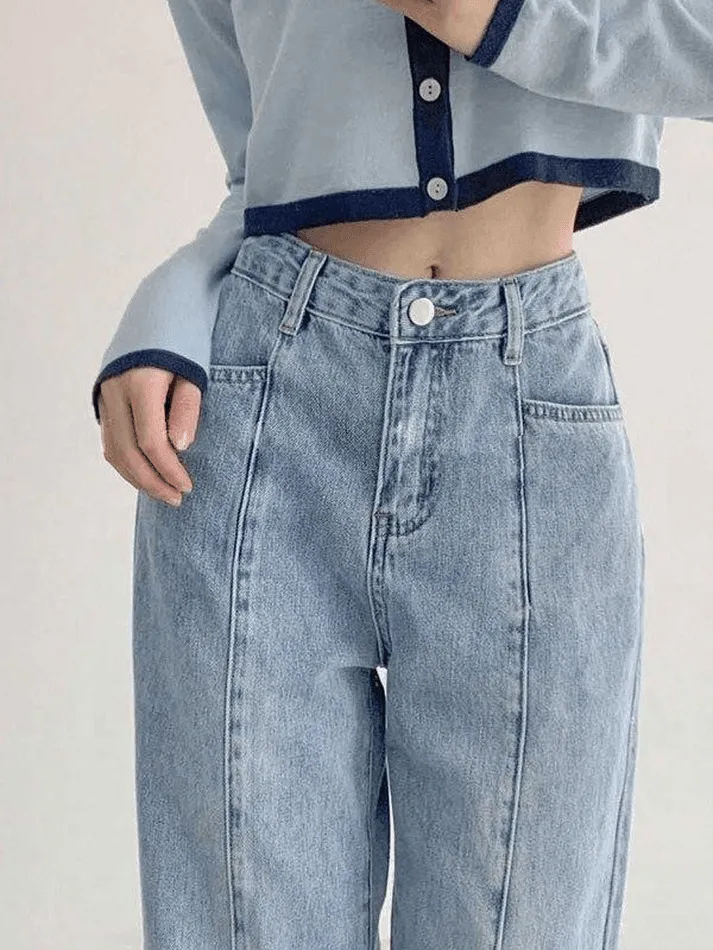 Blaue Vintage Nahtdetails Waschung Boyfriend Jeans