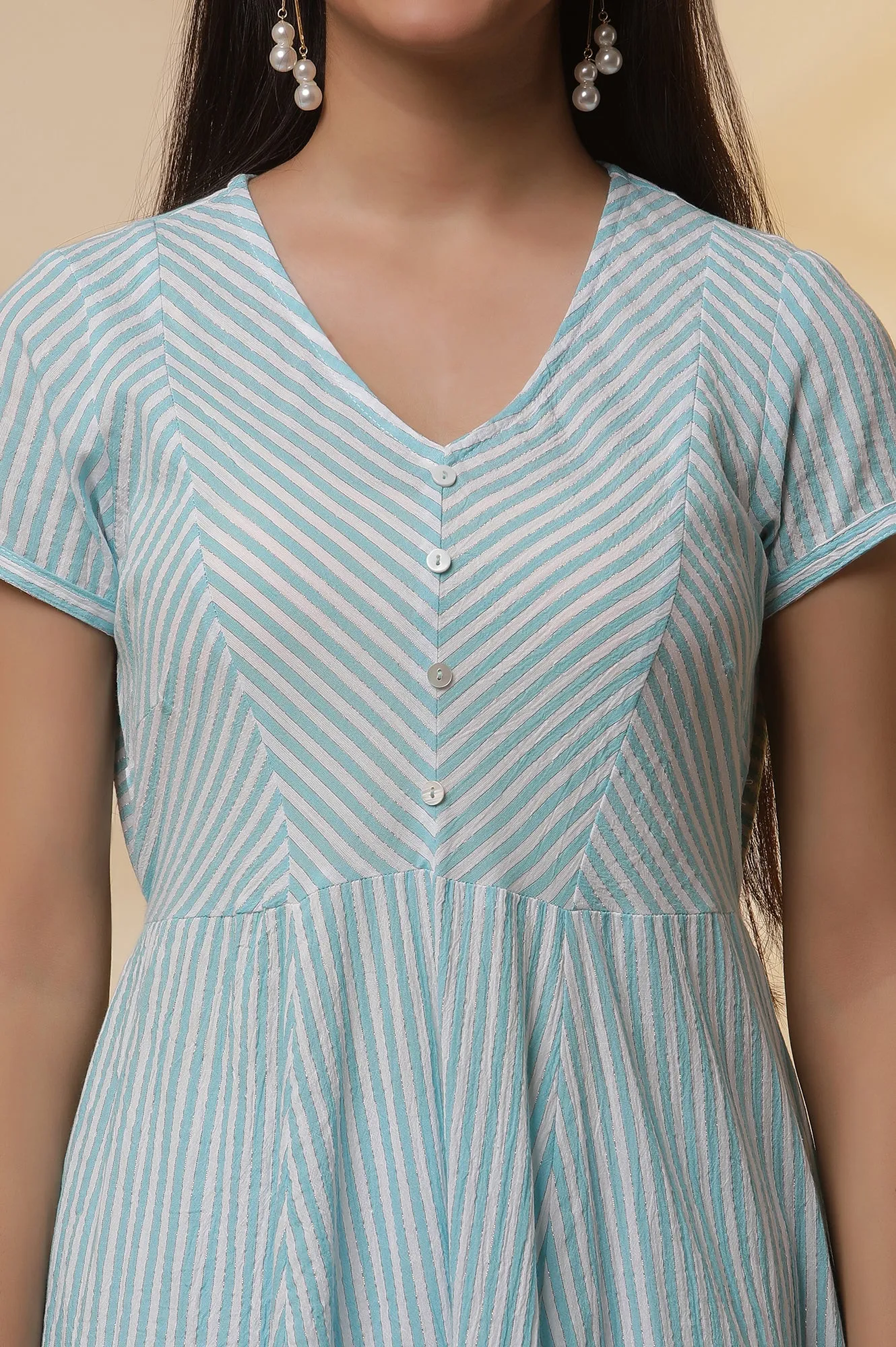 Blue and White Striped Cotton Lurex Flared Kurta and Tights Set