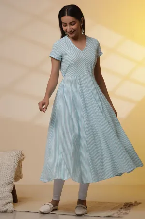 Blue and White Striped Cotton Lurex Flared Kurta and Tights Set