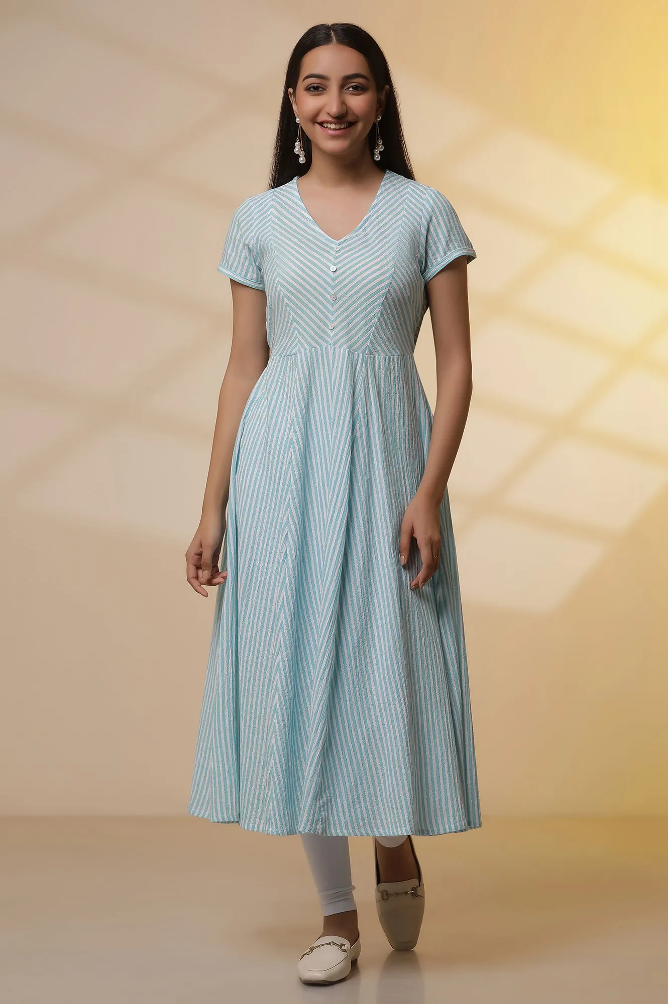 Blue and White Striped Cotton Lurex Flared Kurta and Tights Set