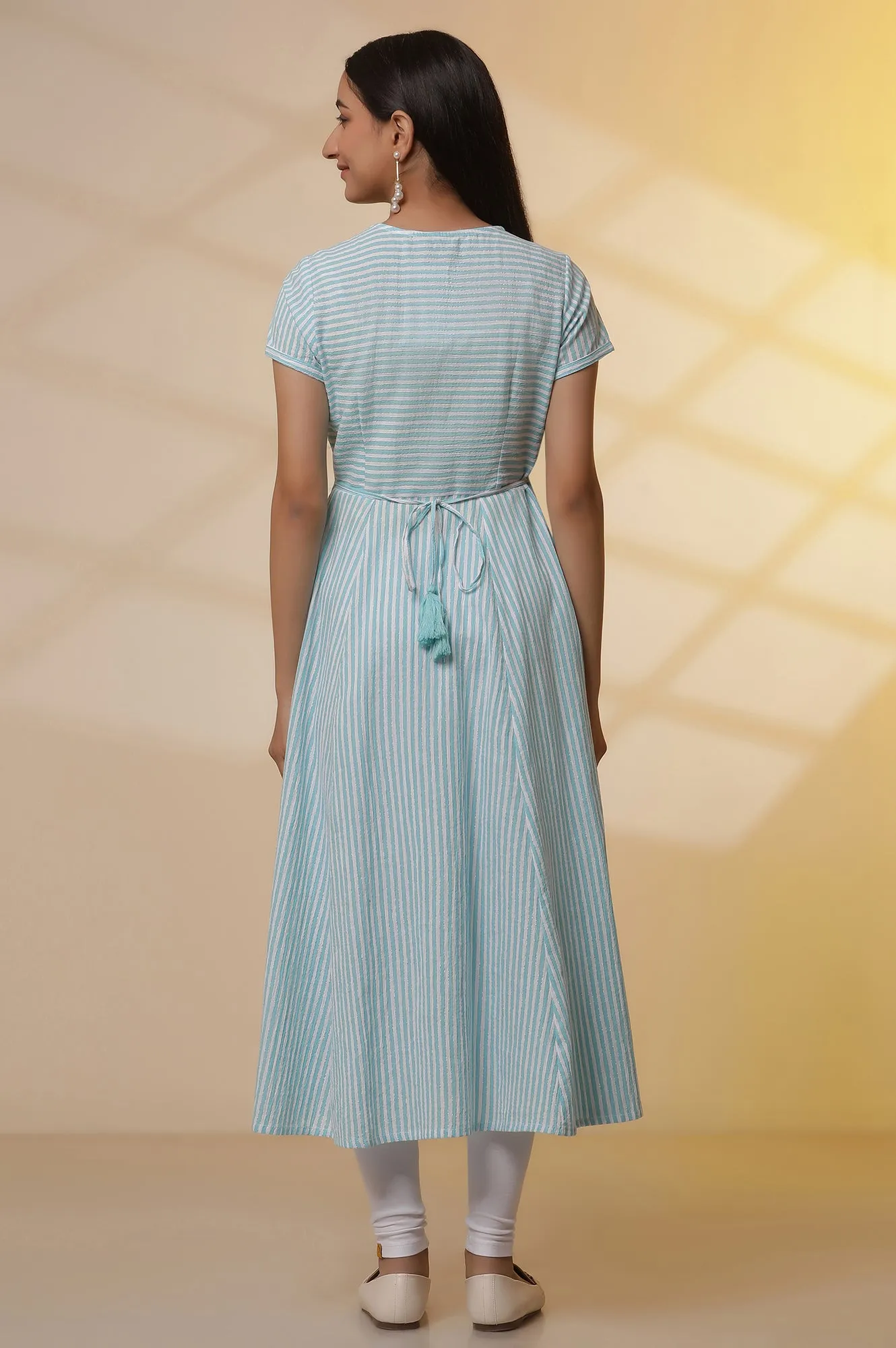 Blue and White Striped Cotton Lurex Flared Kurta and Tights Set