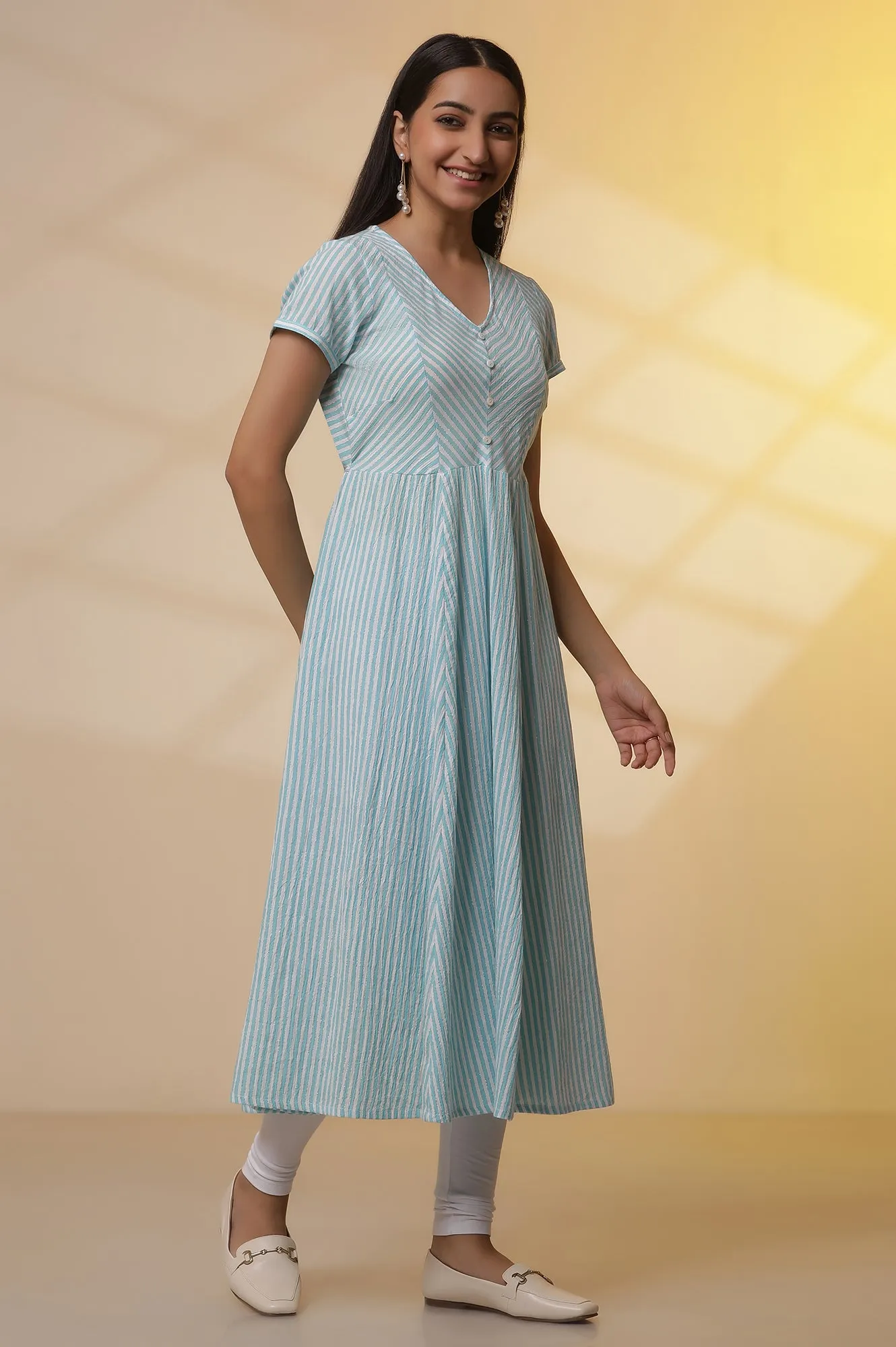 Blue and White Striped Cotton Lurex Flared Kurta and Tights Set