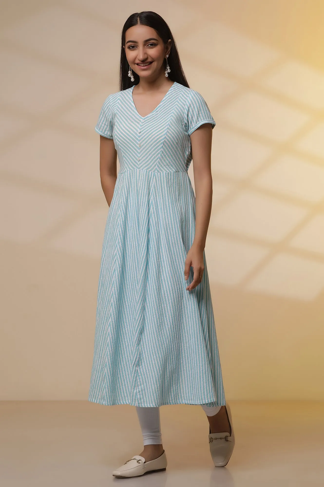Blue and White Striped Cotton Lurex Flared Kurta and Tights Set