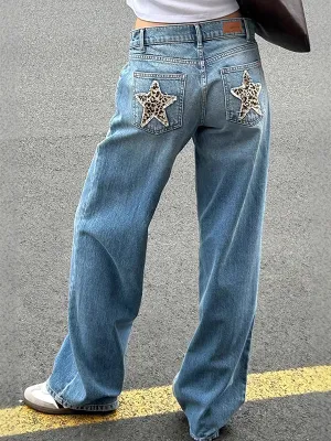 Blue retro leopard print star boyfriend jeans