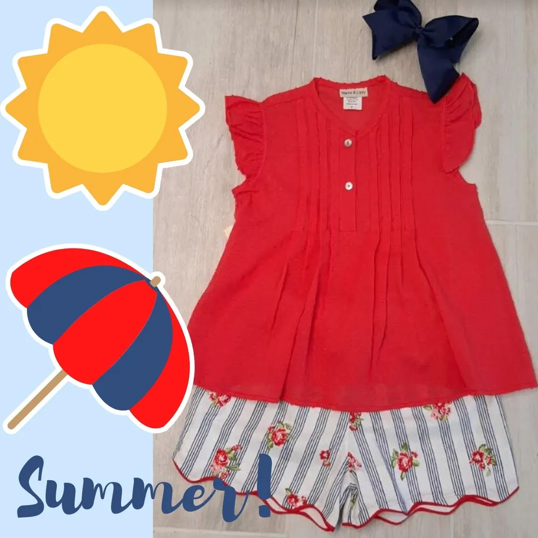 Blue Striped Roses Scallops Girl's Shorts