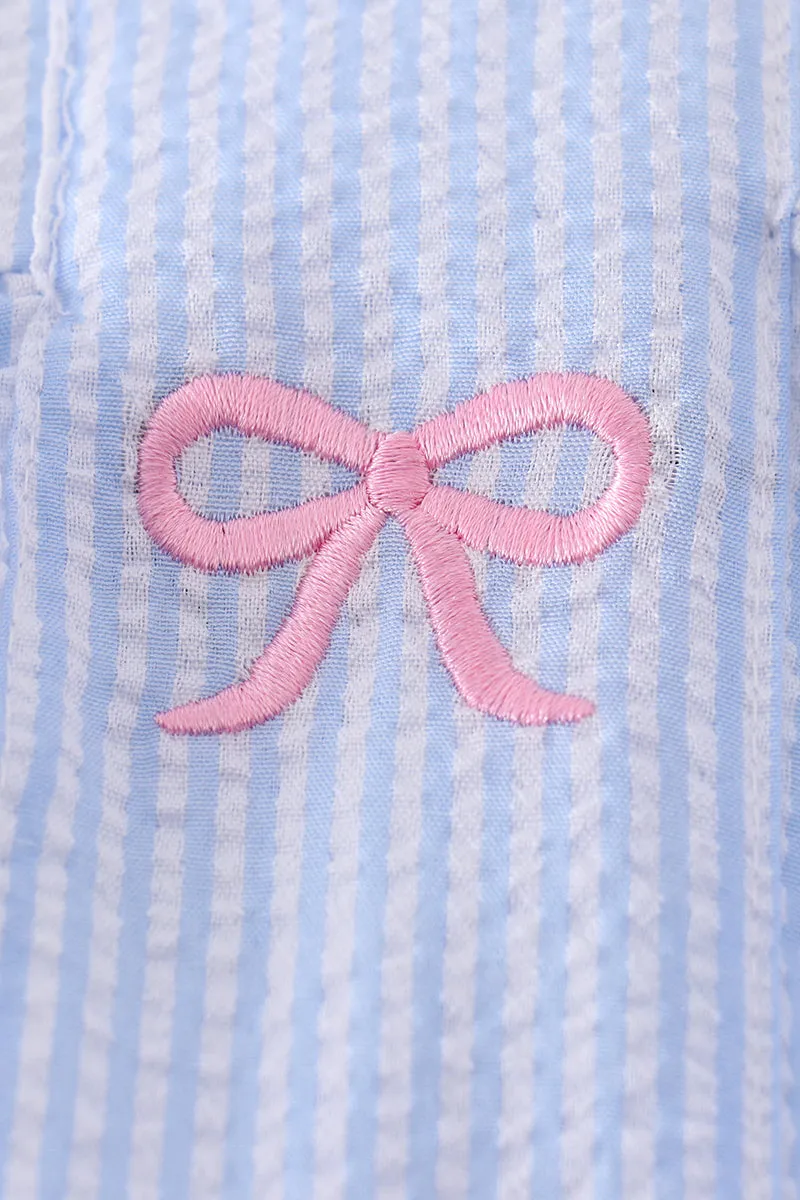 Blue striped seersucker bow embroidery girl set