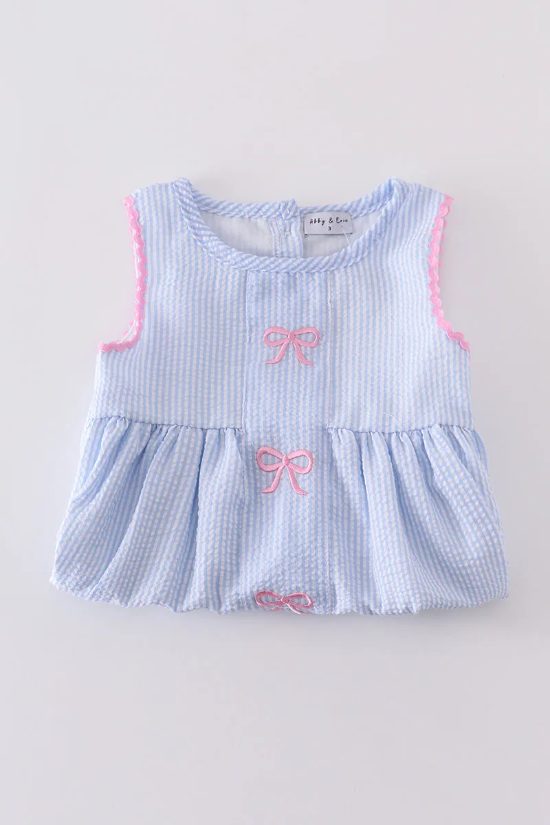 Blue striped seersucker bow embroidery girl set