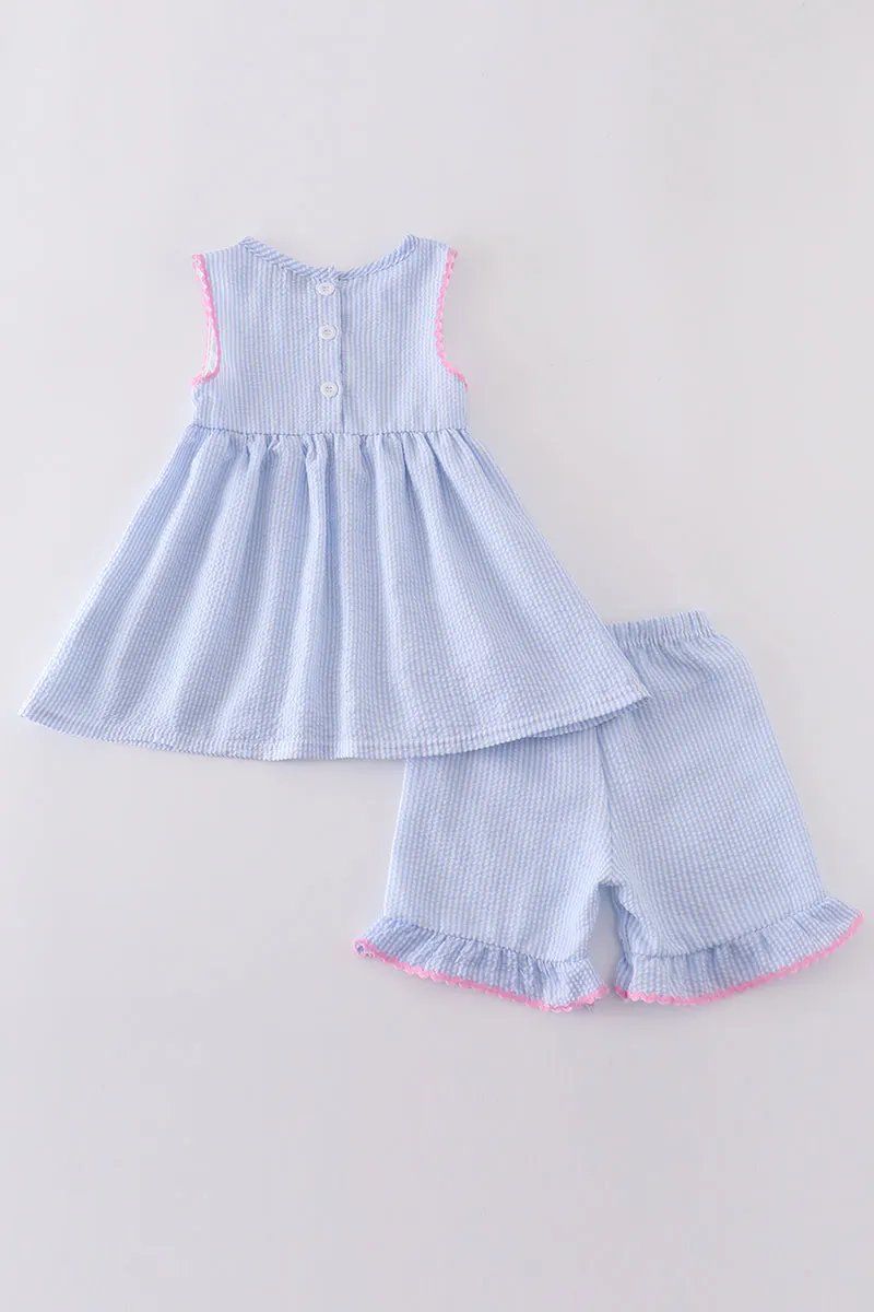 Blue striped seersucker bow embroidery girl set