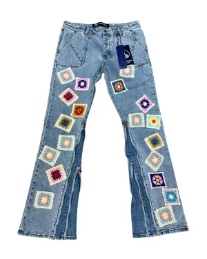 Blue Wash Embellished Stacked Jeans