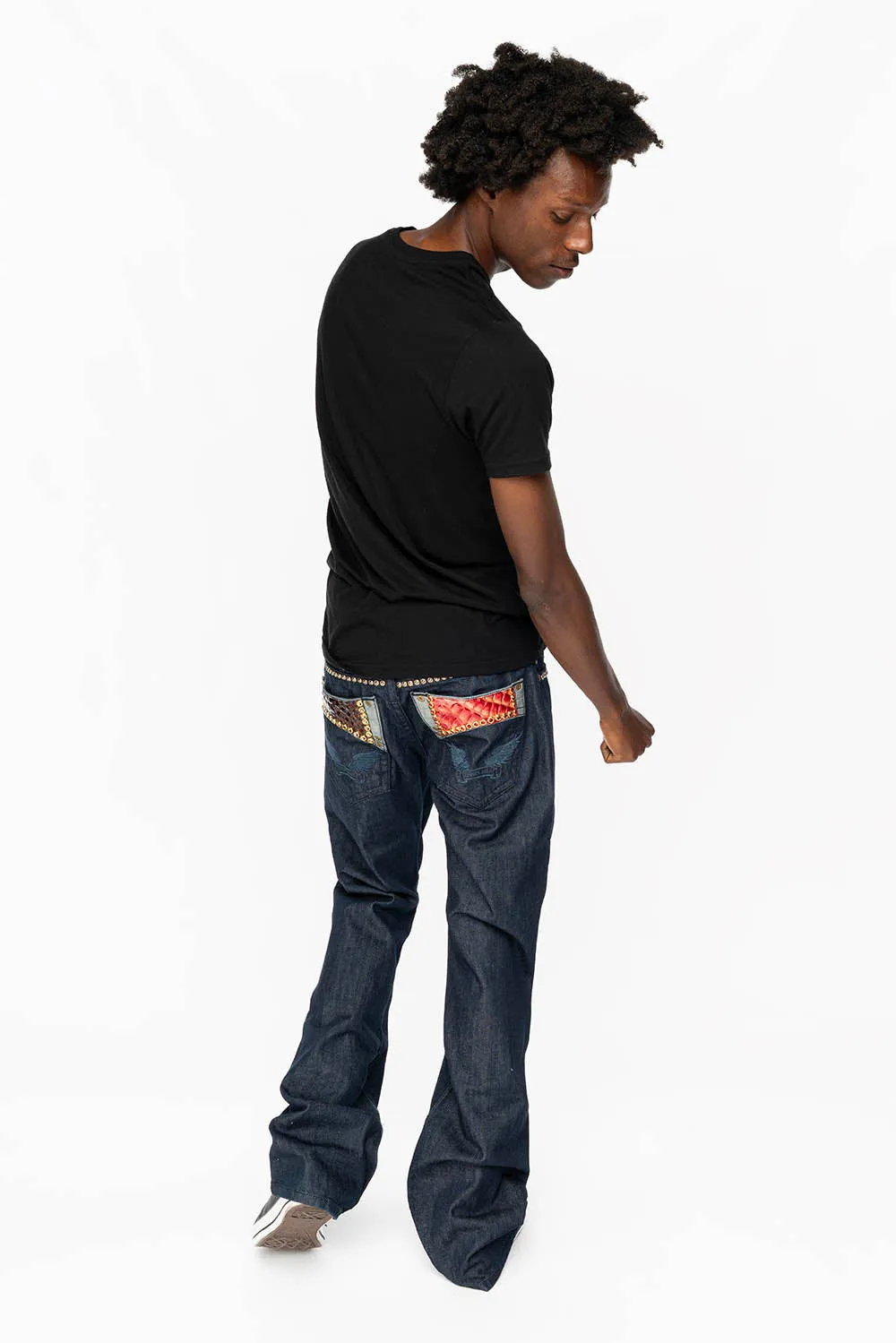 BOOT CUT JEAN WITH PATENT LEATHER POCKET  EMBELLISHED WITH CRYSTALS AND STUDS IN RINSE WASH