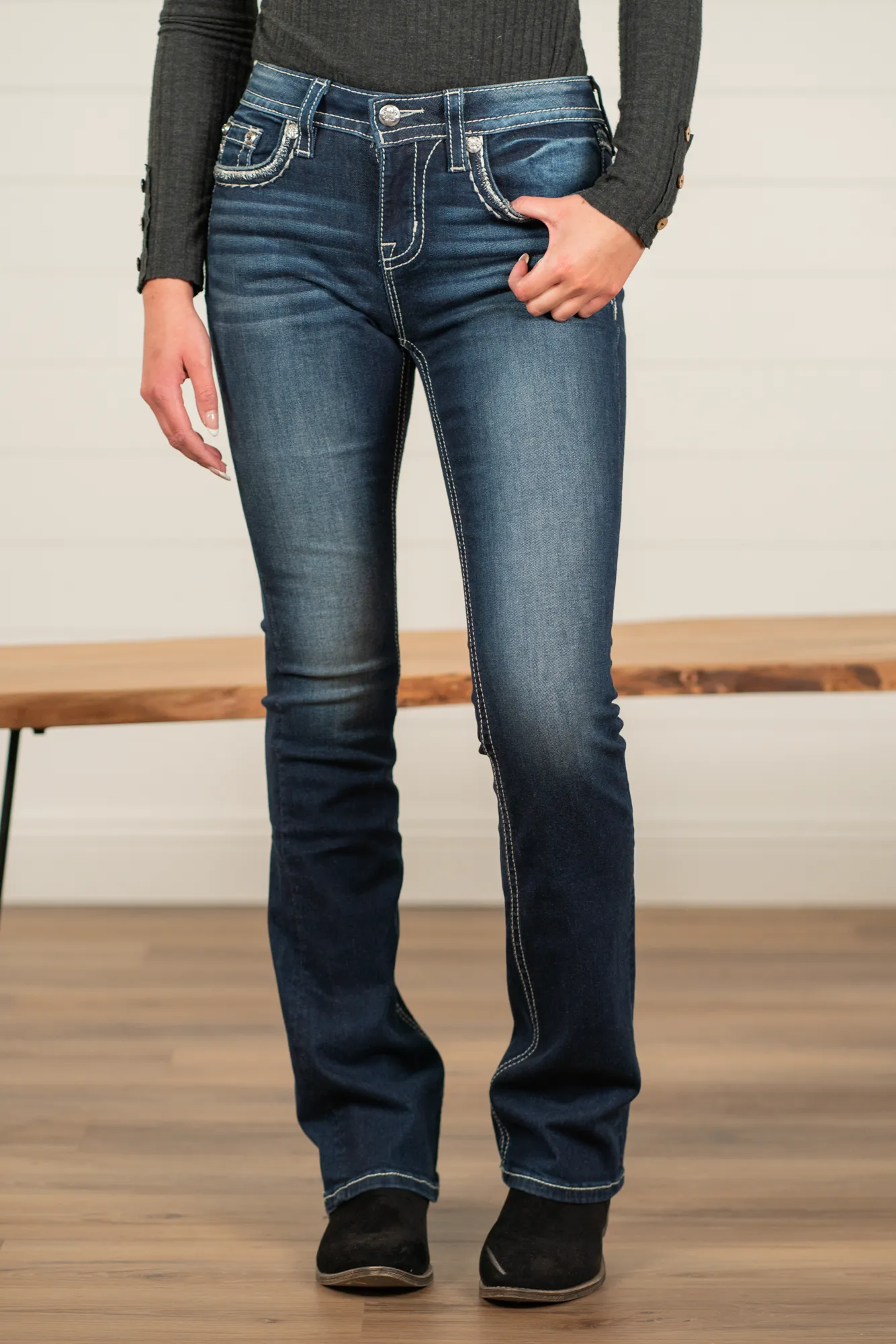 Border Stitched Mid Rise Chloe Boot Cut